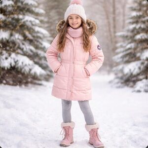 Weatherproof Girls’ Pink Long Puffer Jacket with Fur Hood | Size: M(10/12)